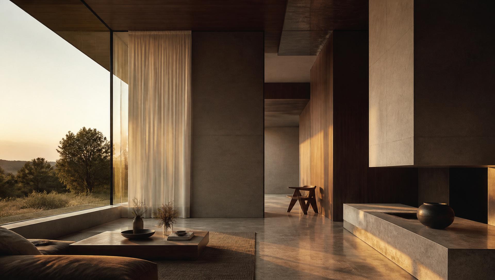 Architectural interior at dawn, concrete and walnut residence by Kosmopolitisa
