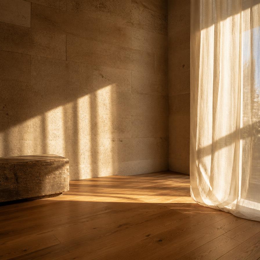 Sunlight through a linen curtain in an empty stone room